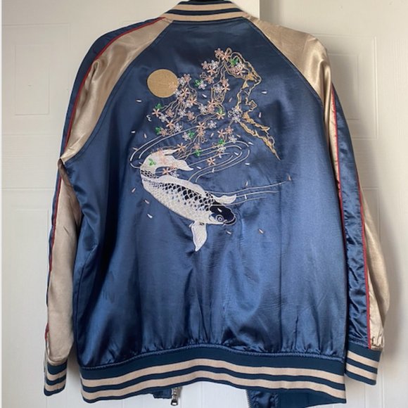 Blue Silk Japanese Bomber Jacket (US 8) - Picture 2 of 12